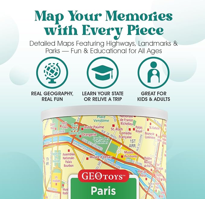 Geotoys Paris Mini Puzzle - 100 Piece Puzzles for Kids and Adults in Portable Can, 13" x 10" Educational Travel Puzzle for Ages 7 and Up - Mini Puzzles to Learn & Explore Geography - Image 4