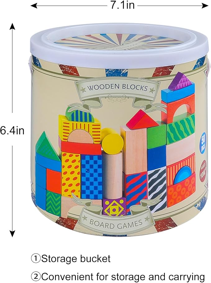 Offelec 50 Pcs Wooden Building Blocks Set with Storage Bucket, Montessori Stacking Blocks & Shape Sorting Toys for Toddlers, Preschool Learning Toys for Boys & Girls, Kids Brightly Colored Blocks - Image 3