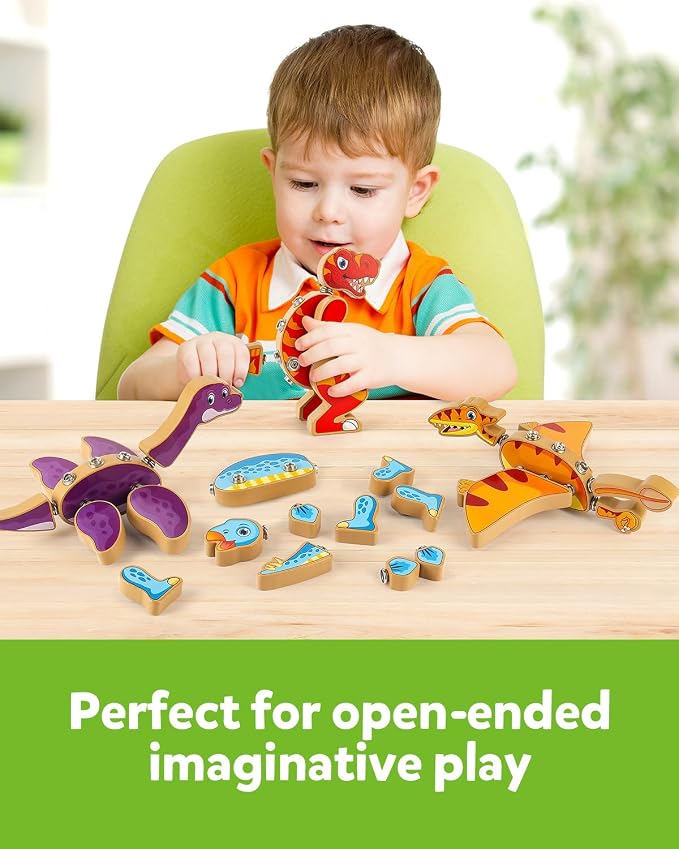 Coogam Dinosaur Snap Together Building Toys, Wooden Take Apart Dinosaur Playset, STEM Montessori Educational Fine Motor Skill Toy Gift for 3 4 5 Years Old Kids - Image 4