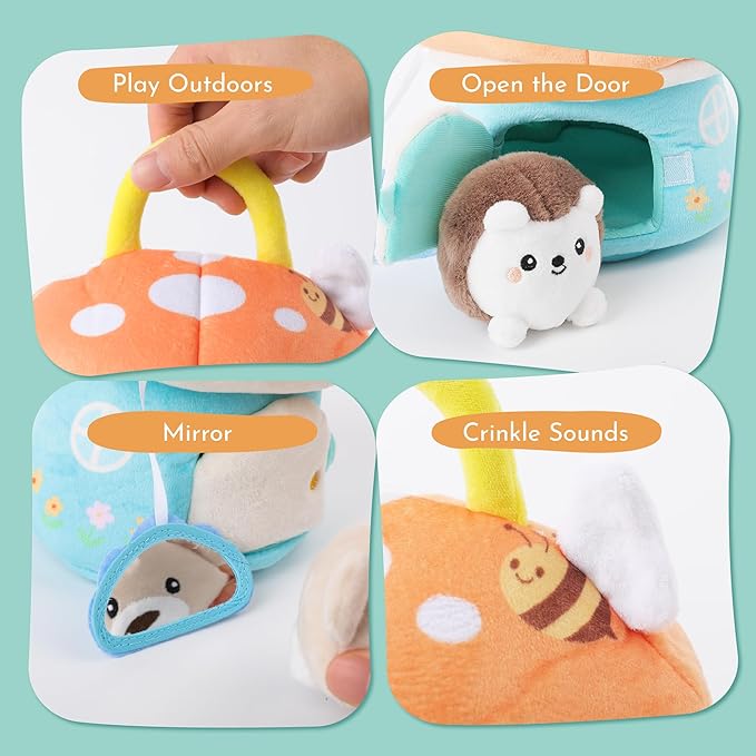 Baby Toys 6-12 Months - My First Mushroom House with 5 Stuffed Forest Animals, Busy Montessori Toys with Rattle, Crinkle, Squeaker, Mirror, Sensory Toys, Christmas Birthday Gift