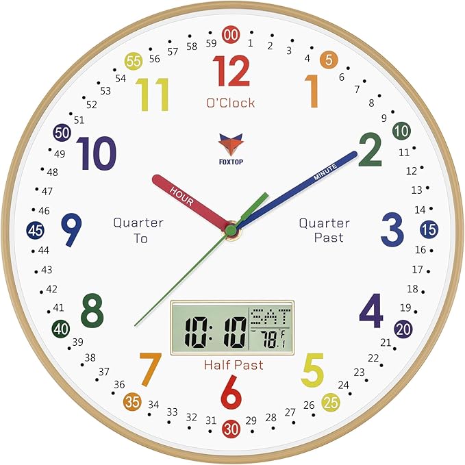 Foxtop Digital and Analog Learning Clock for Kids - Telling Time Teaching Clock 12 Inch Silent Non-Ticking Battery Operated Kids Wall Clock for Playroom Nursery Classroom School by Foxtop