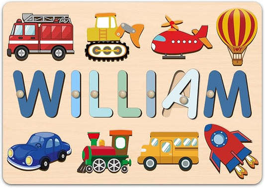 Name Puzzle for Kids Personalized, 1st Birthday Girl and Boy, Custom Baby Easter Gifts with Engraved Text on Back, Montessori Learning Toys for Boy & Girl (Blue Gradient)