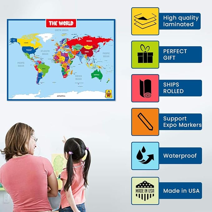 UNCLE WU World Map Laminated Poster -Dry Erase Double Side Educational Poster For Kids/Adults -17 x 23 inch Waterproof Map For Home Classroom - Image 4
