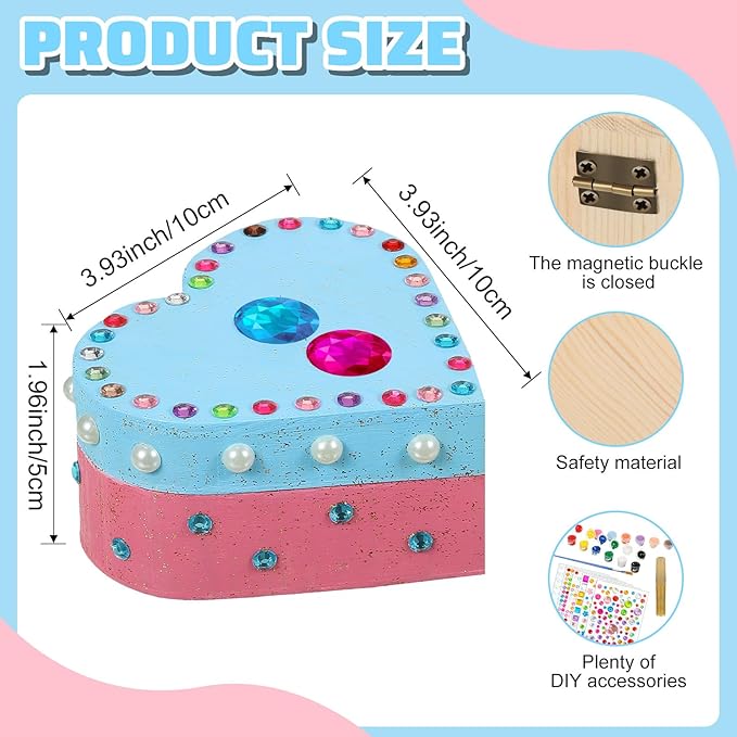Kigley 6 Sets Paint Your Own Box Kit for Girls DIY Wooden Jewelry Box Unfinished Heart Boxes Arts and Craft Painting Gift Kits Christmas Crafts for Toddler Kids Ages 3-12 Year Old