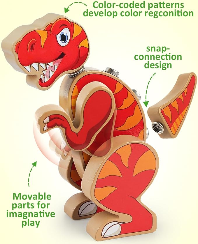 Coogam Dinosaur Snap Together Building Toys, Wooden Take Apart Dinosaur Playset, STEM Montessori Educational Fine Motor Skill Toy Gift for 3 4 5 Years Old Kids - Image 6