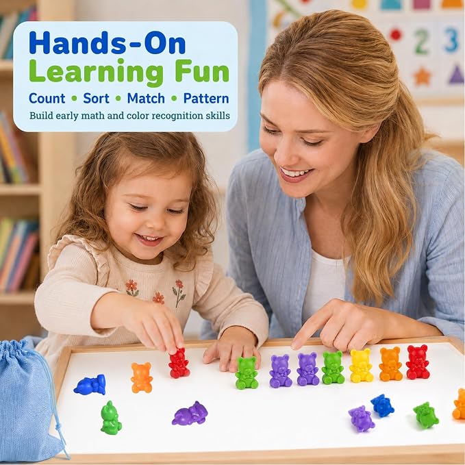 XINHUIDALSQ Rainbow Counting Bears Set of 60, 6 Colors Sorting Teddy Plastic Bears Math Manipulatives for Toddlers, 1 Inch Bear Conters Ages 3+ Kids - Image 7