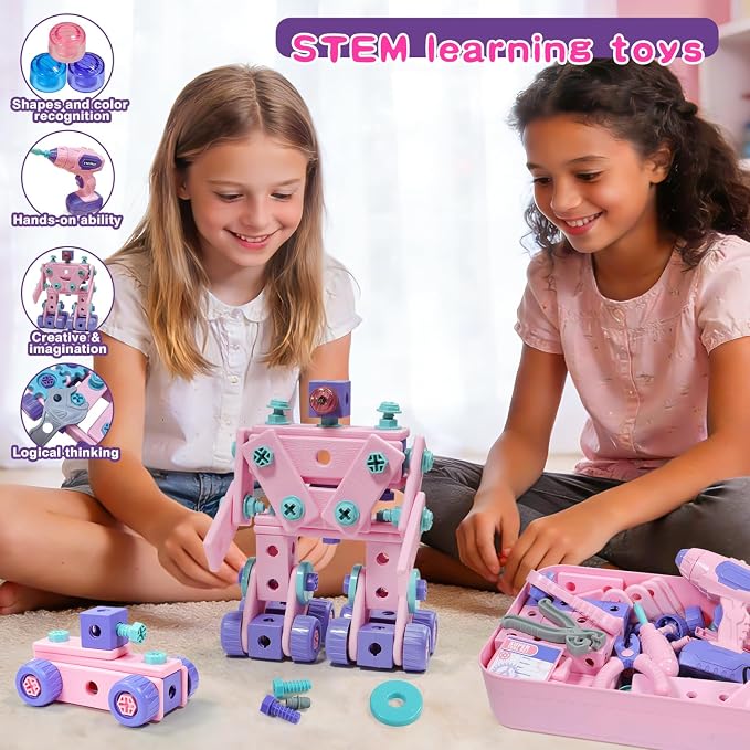 VEAIS Pink Kids Tool Set for Girls,Tool Set with Drill &Toolbox,STEM Montessori Toys for 3 4 5 Year Old,Pretend Play Kid Toy,Educational Construction Toy for 3-6 Year Old Girl,Birthday Gift for Kids - Image 6