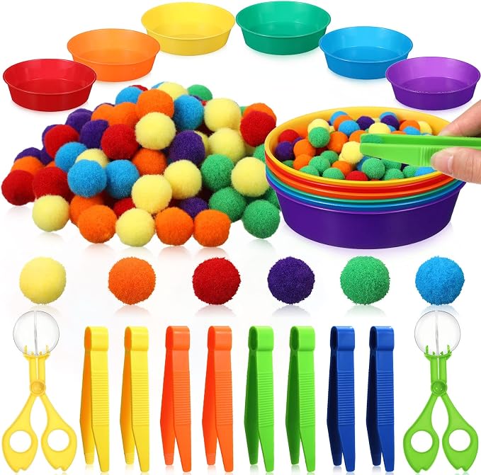 Zhanmai 142 Pcs Fine Motor Skills Toys Handy Scooper Set Sensory Bin Filler 12 Sorting Bowls 8 Tweezers 2 Scissors Clips 120 Plush Balls for Early Education and Sorting Counting Training Development by Zhanmai