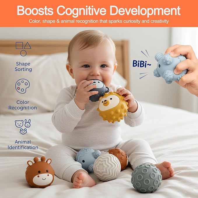 6-Pack Baby Sensory Balls, Textured & Animal Face Toddler Balls, BPA-Free Soft Teething Toys, Montessori Developmental Toys for Babies 6-12 Months, Christmas Gift for Infant