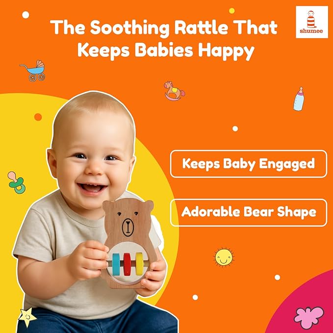 Shumee Wooden Baby Bear Rattle & Teether Wooden Montessori Toy For Babies (0-6 Months), Lightweight & Safe Enhances Grasping Wooden Rattle For Baby. Smooth Edges Sustainable Certified 100% Child Safe.