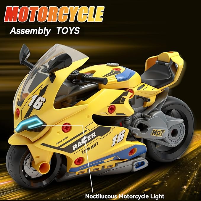 Take Apart Motorcycle Toys Kit, Motorcycle Model Toys for Kids Mechanic,Motorcycles Toy with Light, Sound & Spray for Toddlers 3+ Kids,Interactive Toy Engine Building Kit, Yellow
