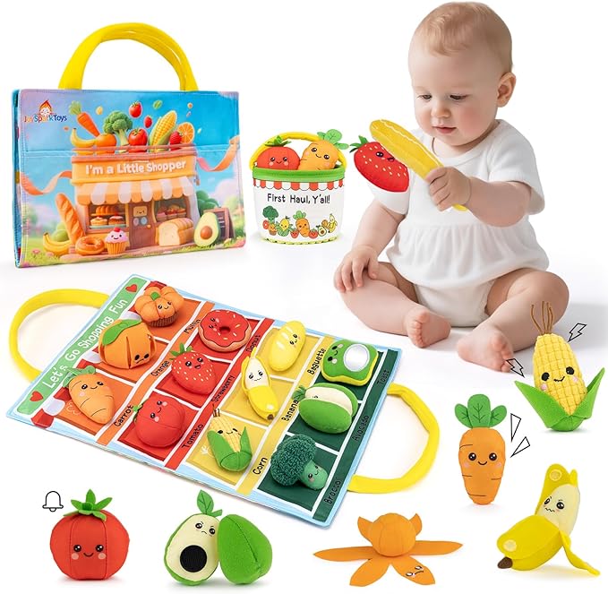 Montessori Baby Toys for 6-12-18 Months - My First Shopping Trip Baby Sensory Toys with Color Sorting Play Food, Crinkle & Rattle, Fine Motor Learning Toddler Toys for 1-2 Year Old Boy Girl Gifts
