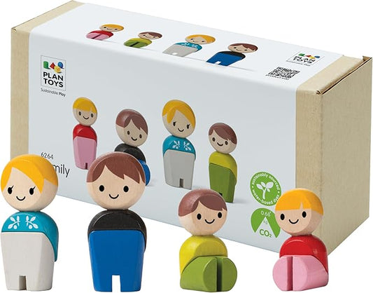 PlanToys® PlanWorld Family Set | 4 Wooden Poseable Figures for PlanCity & PlanWorld Playsets | Montessori Pretend Play Family with Flexible Arms & Legs | Eco-Friendly Sustainable Wooden Toy for Kids