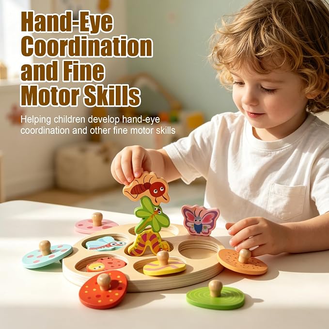 Montessori Insect Matching Eggs Peg Puzzle, Wooden Color Shape Sorting Toy for 1 Year Old Boys Girls, Early Educational Fine Motor Skills Learning Toy Gifts for 12-18 Months 1 2 Year Old Toddlers - Image 2