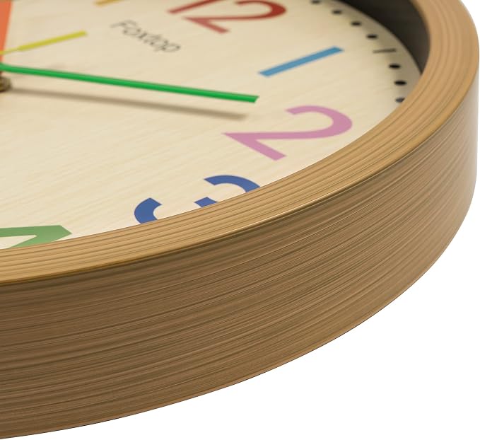 Foxtop Silent Kids Wall Clock 12 Inch Non-Ticking Battery Operated Colorful Childrens Clock for Classroom Playroom Nursery Bedrooms Kids Room School - Image 5