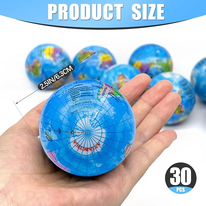 30PCS Globe Stress Ball,2.5Inch Earth Bouncy Ball, Foam Squeeze Balls,Earth Stress Balls Toy for Finger Toy School Supplies Adult Kids Children Party Favors Exchange Gifts - Image 2