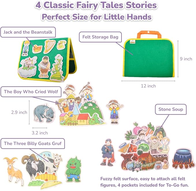 CHEFAN Felt/Flannel Board Story Set of 4, PRECUT Felt Pieces for Preschool Toddlers, Stone Soup, The Three Billy Goats Gruff, Jack and Beanstalk, The Boy Who Cried Wolf - Image 2