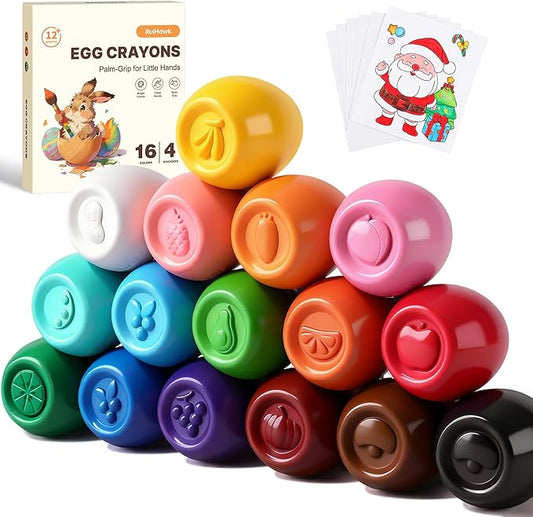 Egg Crayons for Toddlers 1-3, 16 Pack Jumbo Palm Grasp Crayons with Anti-Roll Flat Bottom & Fruit Patterns - Washable, Non-Toxic & Unbreakable Art Supplies for Kids, Gift for Boys & Girls