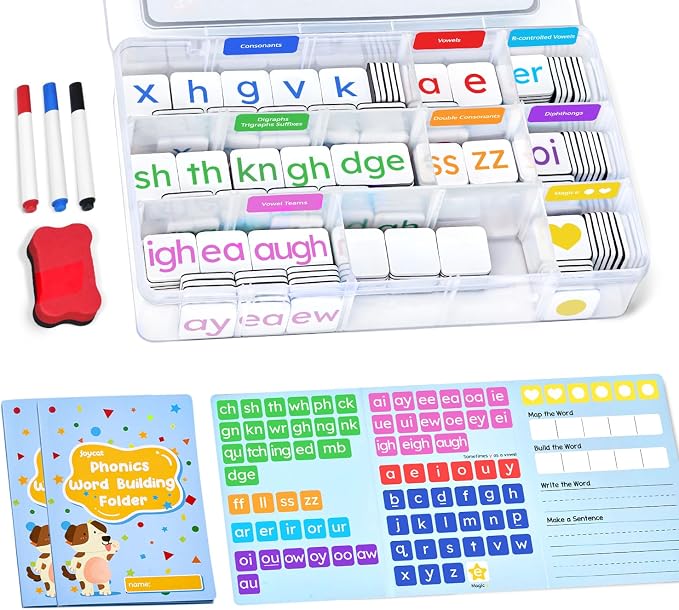 JoyCat 265 Phonics Magnetic Letter Tiles, with 3 Word Building Folder by JOYCAT
