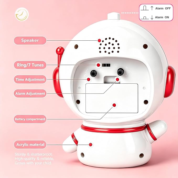 Analog Alarm Clock for Kids with Snooze and Nightlight, Cute Aatro Tabletop Lamp, Ring Alarm/Music Alarm Loud for Bedroom, Battery Powered,Kids’ Time Learning Perfect for Boys Girls Gifts - Image 7