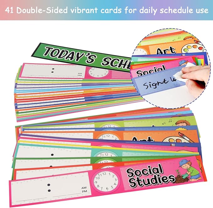 Daily Schedule Pocket Chart Kit,40 Bright Attractive Double-Sided Reusable Erasable Cards,1 Title Card,13+1 Scheduling Pocket Chart with 2 Hangers for Classroom Office Home Preschool Learning (Blue) - Image 5