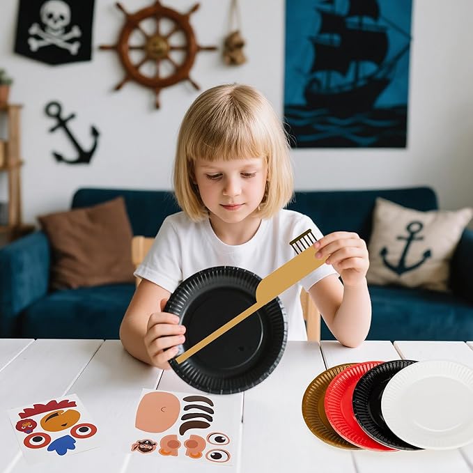 24 Pack Arts and Crafts Kits for Kids, DIY Creative Pirate Paper Plate Craft Kit, Make Your Own Pirate Plate Crafts Sets, Fun Preschool Classroom Birthday Party Art Activities for Boy & Girl
