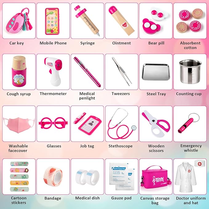 Sundaymot Doctor Kit for Girls, 34 Pcs Pretend Play Doctor Set，Doctor kit for Toddlers 3-5, with Medical Bag, Stethoscope and Other Accessories Doctor Play Gift for Kids Toddlers Role Play