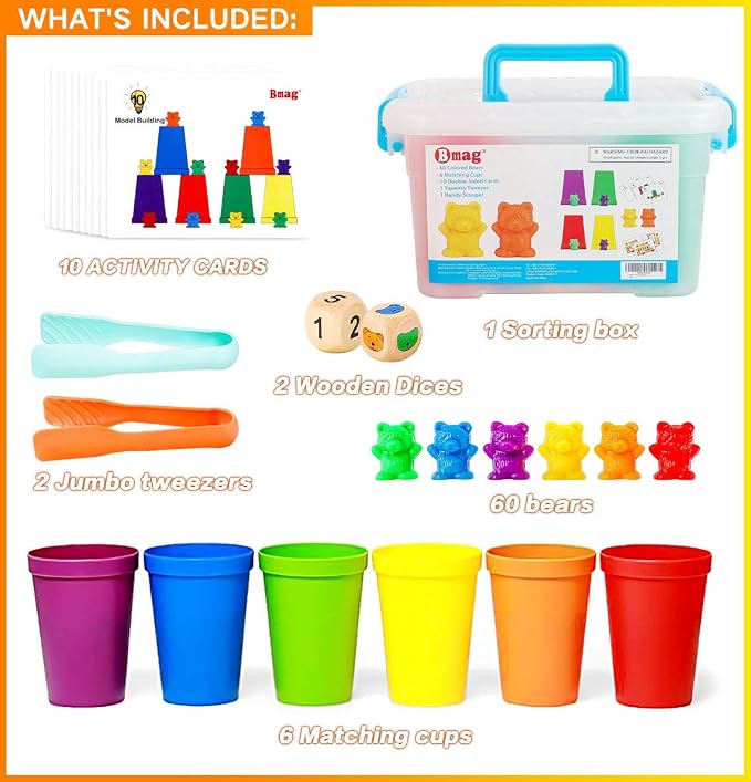 Bmag Counting Bears with Matching Sorting Cups,Pre-School Math Learning Games with 2 Dices,Color Recognition STEM Educational Toy for Toddler Bonus Tweezers, Storage Box, Activity Cards - Image 6