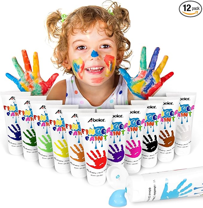 ABEIER Washable Finger Paint for Toddlers, Safe Non-Toxic, 12 x 2oz Vibrant Colors, Baby Safe Paint for Hand and Feet, Mess Free Art Supplies for Kids, Preschool Learning Gifts, Ages 1-3 4 5 6+
