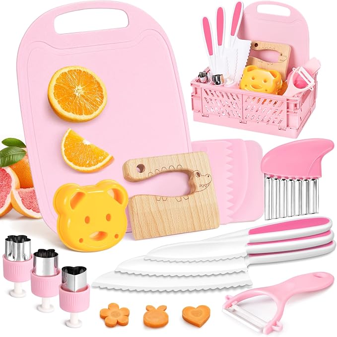 28PCS Toddler Knife Set - Kids Knifes for Real Cooking, Wooden Kids Kitchen Knife Set with Gloves Cutting Board Crinkle Cutters Kid Safe Knives, Toddlers Kitchen Tools (Crocodile 16PCS Set) by SuhctuptxAccompanyUInLife