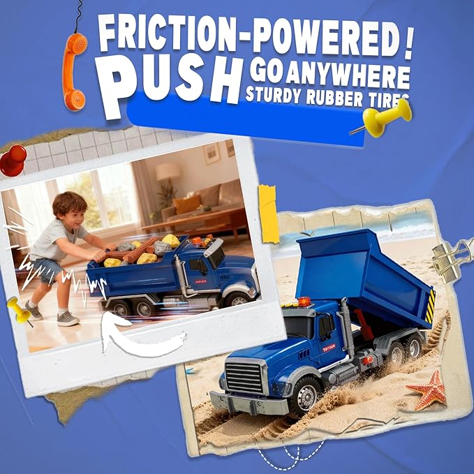 SMILESSKIDDO Dump Truck Toy - 1:12 Large Friction Powered Truck with Air Pump Function, Lights & Sounds, Boy Toys Age 3, Birthday Gift for 3 4 5 6 7 8 Years Old Boys Girls, Toys for Kids 3-5