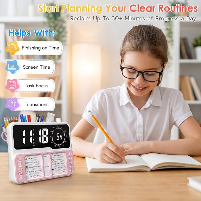 7-in-1 Visual ADHD Timer for Kids with Chore Chart Board, ADHD Tools Schedule for Kids with Autism, Alarm, Countdown, Date, Temperature, Storage, Daily Checklist for Home/School/Classroom/Desk(Pink) - Image 4