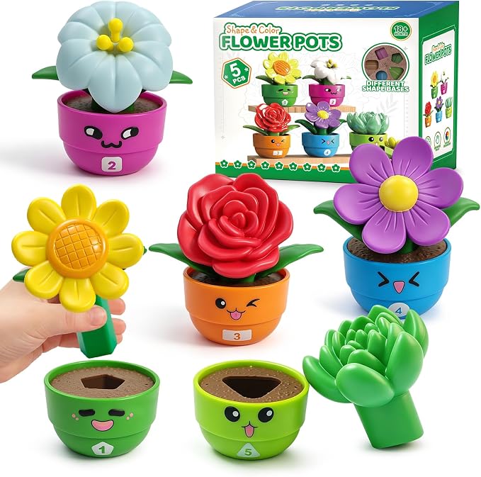 GEERAY 5 Sets Montessori Toddler Flower Garden Toys, Color Shape Sorting & Matching Game for Kids, Spring Toy Sensory Gardening Gift for 1 2 3 Year Old Girls & Boys, Preschool Classroom Learning by GEERAY