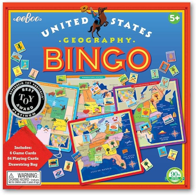 eeBoo: United States Geography Bingo Game, for 2 to 6 Players, Includes 6 Game Cards, 84 Playing Cards, & Drawstring Bag, for Ages 5 and up - Image 2