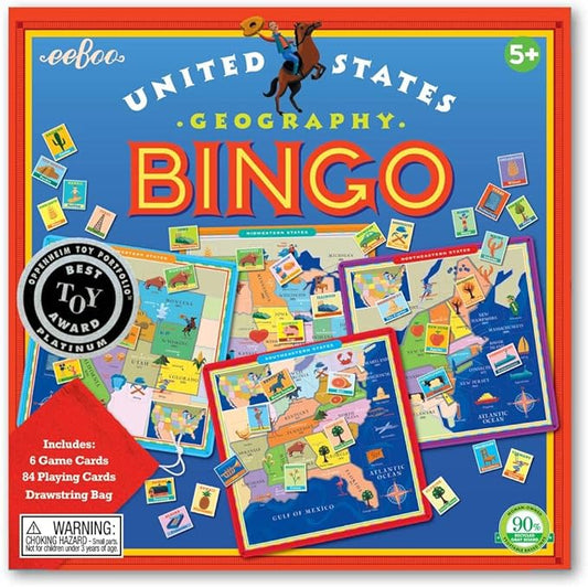 eeBoo: United States Geography Bingo Game, for 2 to 6 Players, Includes 6 Game Cards, 84 Playing Cards, & Drawstring Bag, for Ages 5 and up - Image 2