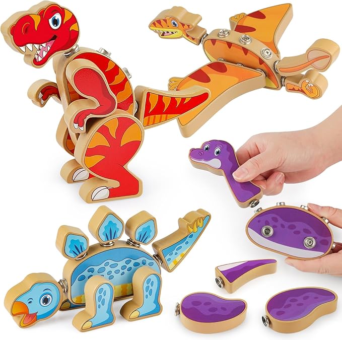 Coogam Dinosaur Snap Together Building Toys, Wooden Take Apart Dinosaur Playset, STEM Montessori Educational Fine Motor Skill Toy Gift for 3 4 5 Years Old Kids by Coogam