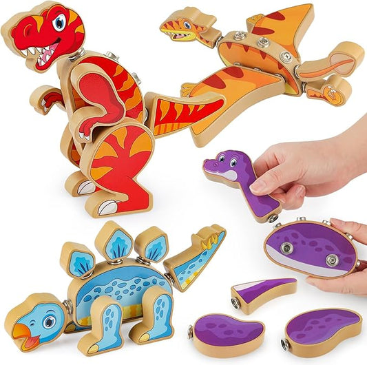 Coogam Dinosaur Snap Together Building Toys, Wooden Take Apart Dinosaur Playset, STEM Montessori Educational Fine Motor Skill Toy Gift for 3 4 5 Years Old Kids by Coogam