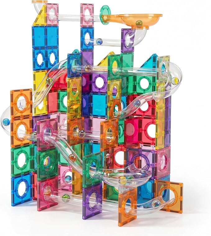 Magnetic Building Tiles Marble Run Set, 115 Pieces STEAM Construction Blocks with Marble Run Track, Educational STEM Toy for Kids Ages 3+, Rainbow Colors by Unknown