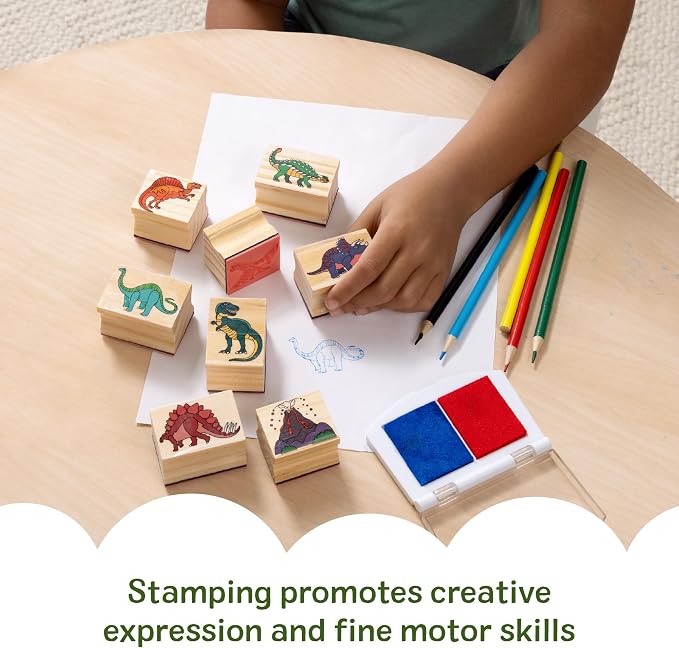 Melissa & Doug Wooden Stamp Set: Dinosaurs - 8 Stamps, 5 Colored Pencils, 2-Color Stamp Pad - FSC Certified - Image 4