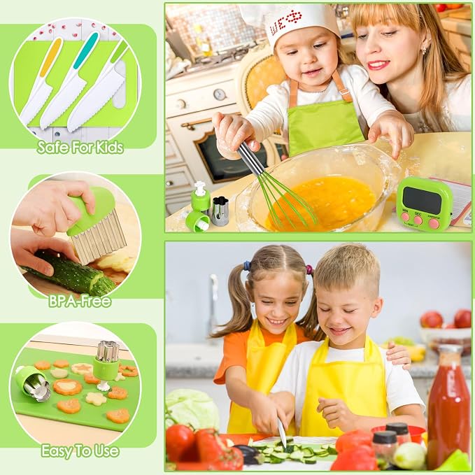 Kids Cooking Sets Real, 37PCS Kids Cooking and Baking Set with Storage Case Timer Kid Safe Knives Cutting Board, Toddler Kitchen Toys Birthday Gifts for Girls Boys Age 3 - 8 - Image 3