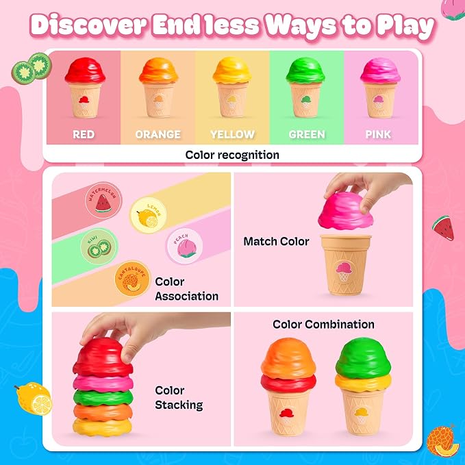 JoyCat Ice Cream Sorting and Stacking Pretend Play Toy Set, 5 Cones - Image 5