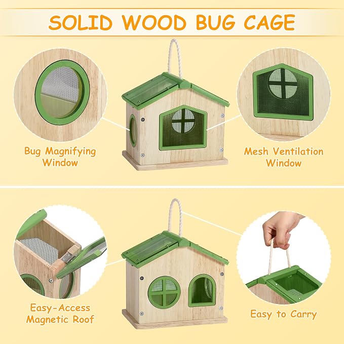 SainSmart Jr. Bug Catcher for Kids - Wooden Bug Habitat with Magnified Viewer, Butterfly Net, Observation Box, Tweezers & 15 Cards, Outdoor Toys & STEM Toys for Boys & Girls Ages 3+, Green - Image 3