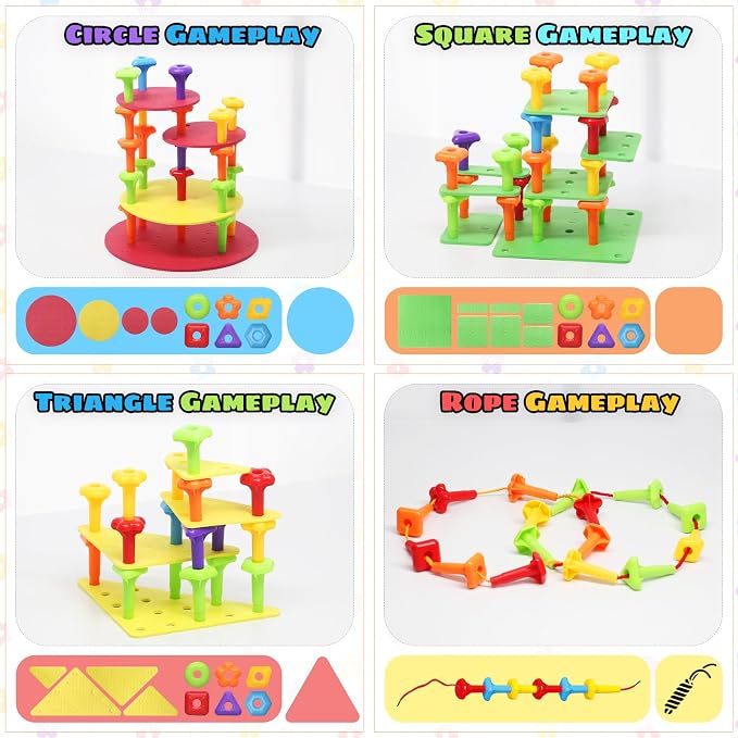 Ggiibro Peg Board Toy Set 101Pcs DIY Building Stacking Toys for Kids 3-6 Years Old,STEM Educational Kids Toy for Brain Development,Montessori Sensory Toys,Plastic Lacing String Game - Image 5