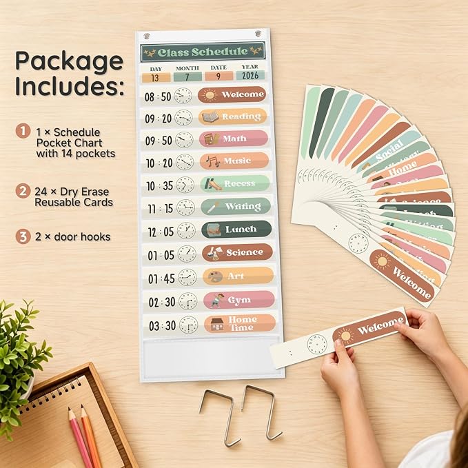 AKAYOK Daily Schedule Pocket Chart, 13+1 Pocket Visual Schedule for Kids, Includes 24 Reusable Dry-Erase Cards, Daily Planner with Hourly Schedule for Classroom, Office, Home, School Activities - Image 5