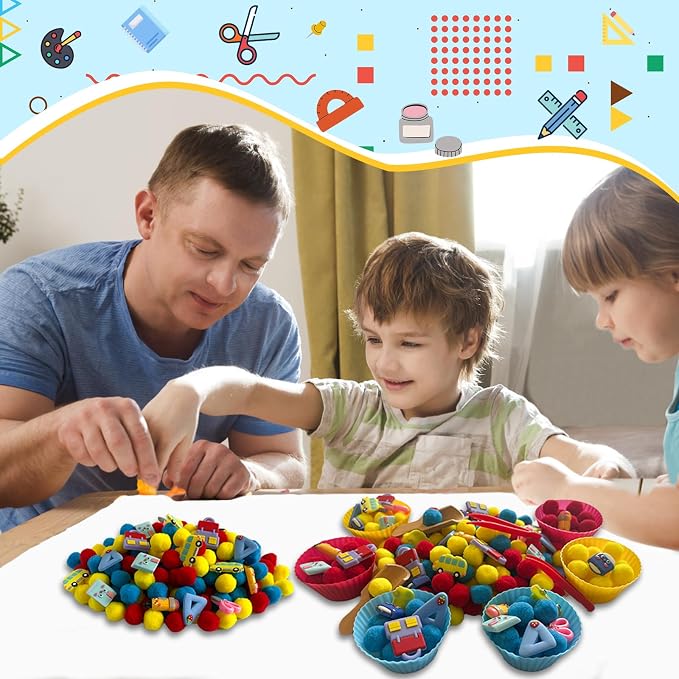 154Pcs Back to School Sensory Bin Filler Fine Motor Toys Stationery Sensory Bin Items Counting Sorting Toy for Preschool Education Activities Include Pom Poms Pen Scissors Notebooks Cup - Image 6
