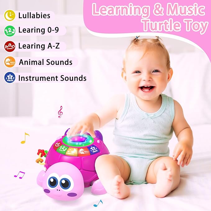 Musical Turtle Baby Toys 6 to 12 Month,Infant Light-up Musical Tummy Time Toy with Phone,Baby Crawling Toys for 7 8 9 12 Months Old,Easter Birthday Girl Gift for 3 4 5 Month+(Pink)