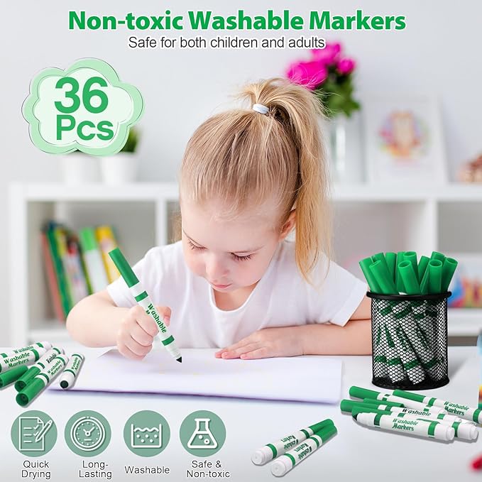 Janlaugh 36 Pcs Green Washable Markers Bulk Coloring Broad Line Marker for Kid Green Conical Tip Drawing Pen for Christmas,School Supplies, Travel Art Baby Shower Gender Reveal Party Supplies, Ages 6+