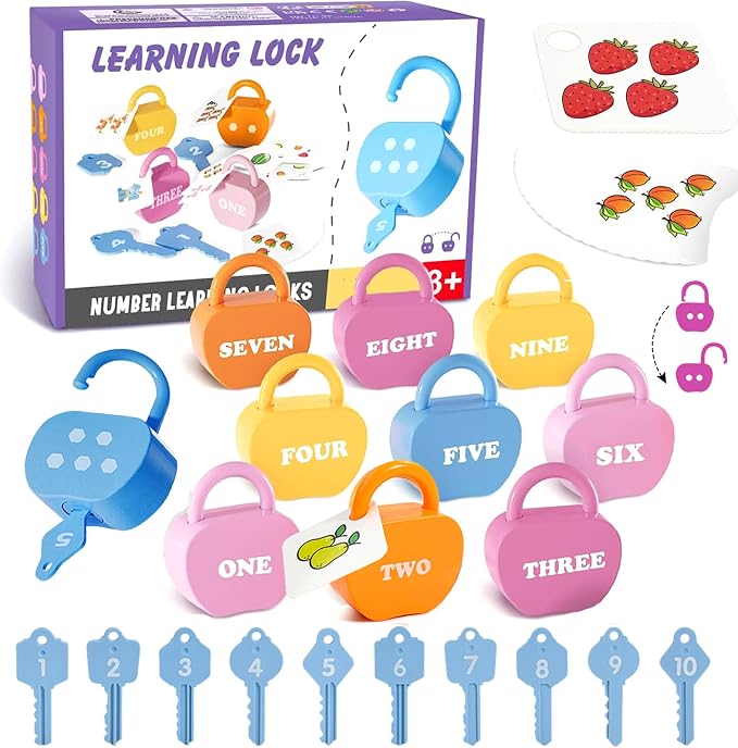 GEERAY Montessori Lock and Key Toys, 10 Apple Locks with Keys & 20 Cards, Numbers Matching & Counting Cause and Effect Toy, Fine Motor Skills Educational Preschool Gifts for Toddlers 3-5 Boys Girls by GEERAY