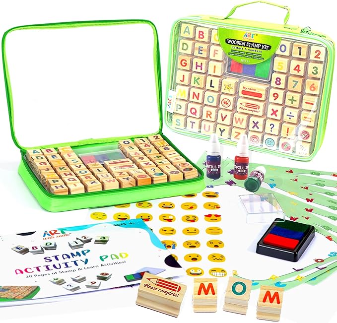 Wooden Large Stamp Premium Set for Kids. 72 Pcs Alphabet Stamps. Letters, Numbers, 3-Color Washable Ink Pad, 3 Refill Bottles, Activity Book. Ideal Creativity Kit