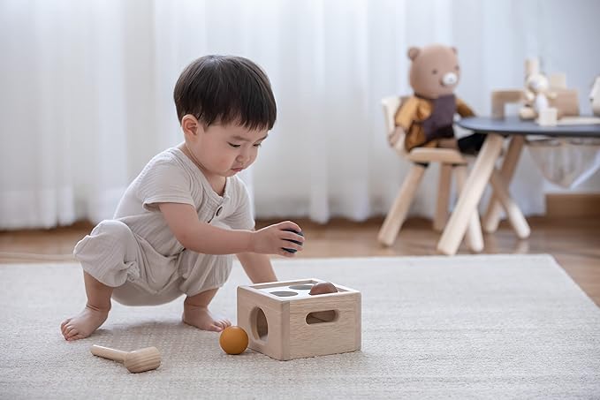 PlanToys® Punch and Drop Wooden Montessori Fine Motor and Cause and Effect Toy in Orchard Shade | Early Coordination and Tactile Learning Activity | Eco Friendly Hammer and Ball Set